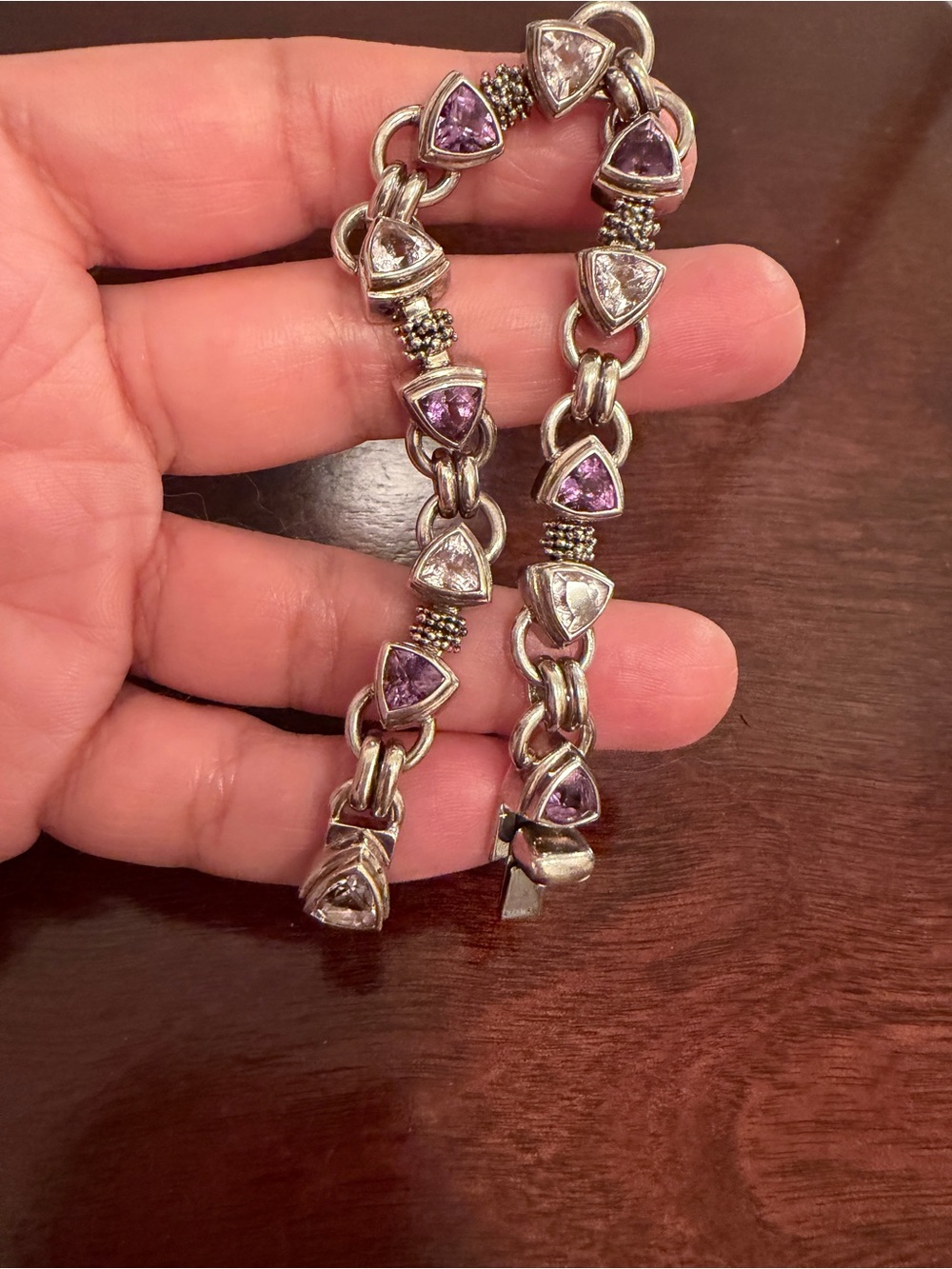 Michael Dawkins 925 Amethyst Rose de France Trillion Link Bracelet 7.5”